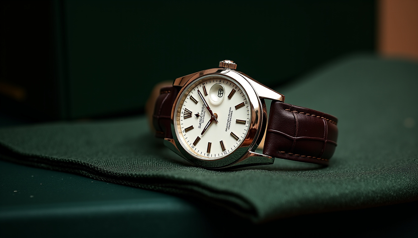Montre Rolex Oyster Perpetual avec cadran arabe posée sur un tissu sombre, lumière tamisée