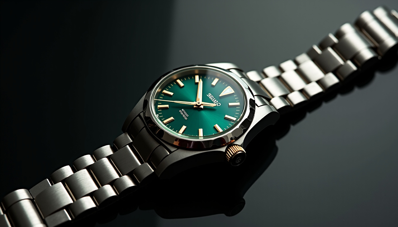 Montre Seiko avec cadran arabe vert et bracelet en acier inoxydable posée sur une surface sombre