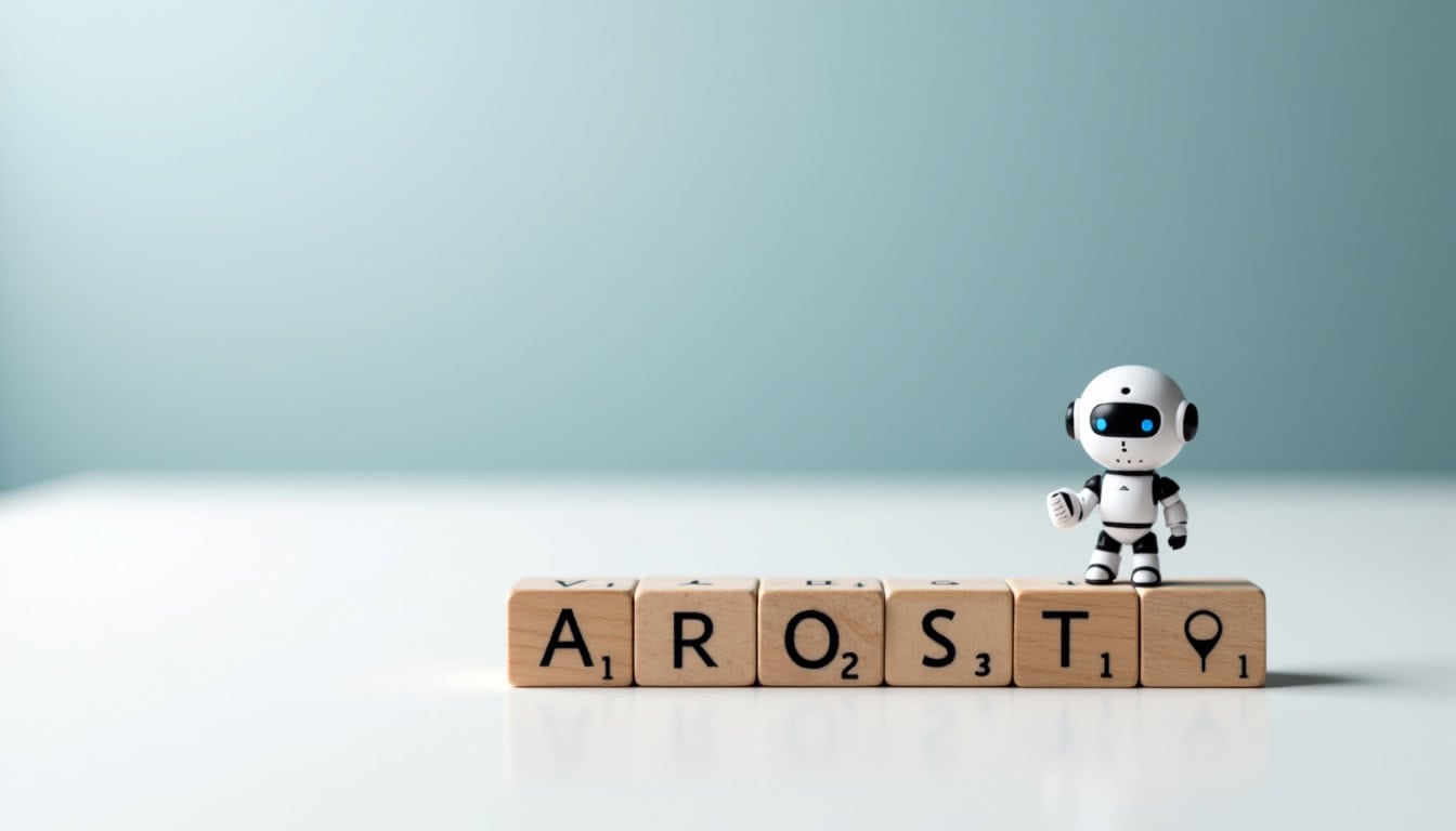 Robot de recyclage et blocs de Scrabble formant le mot "Aroasy".