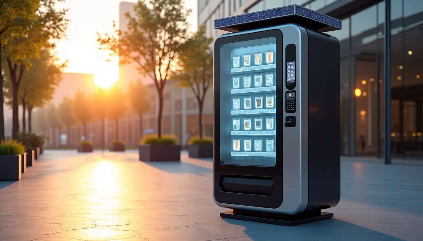 Concept futuriste de distributeur automatique intelligent avec écran interactif et énergie solaire