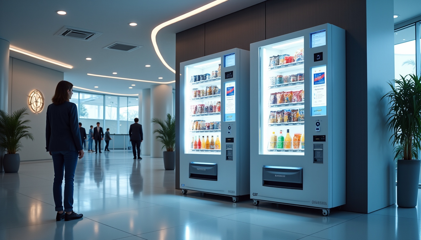 Distributeur automatique combiné snacks et boissons en fonctionnement dans un hall d
