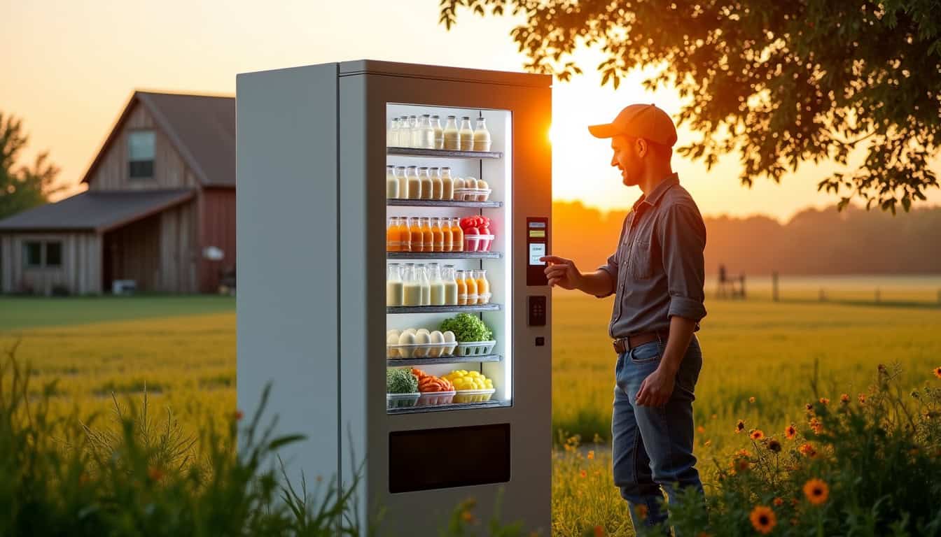 Distributeur automatique de produits locaux comme du lait, des œufs et des légumes en milieu rural