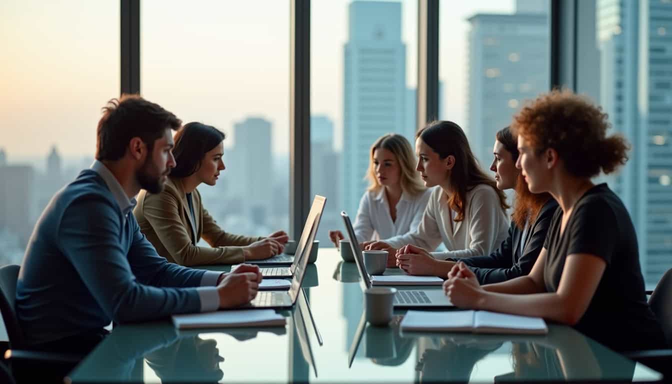 Équipe commerciale en réunion pour le choix d