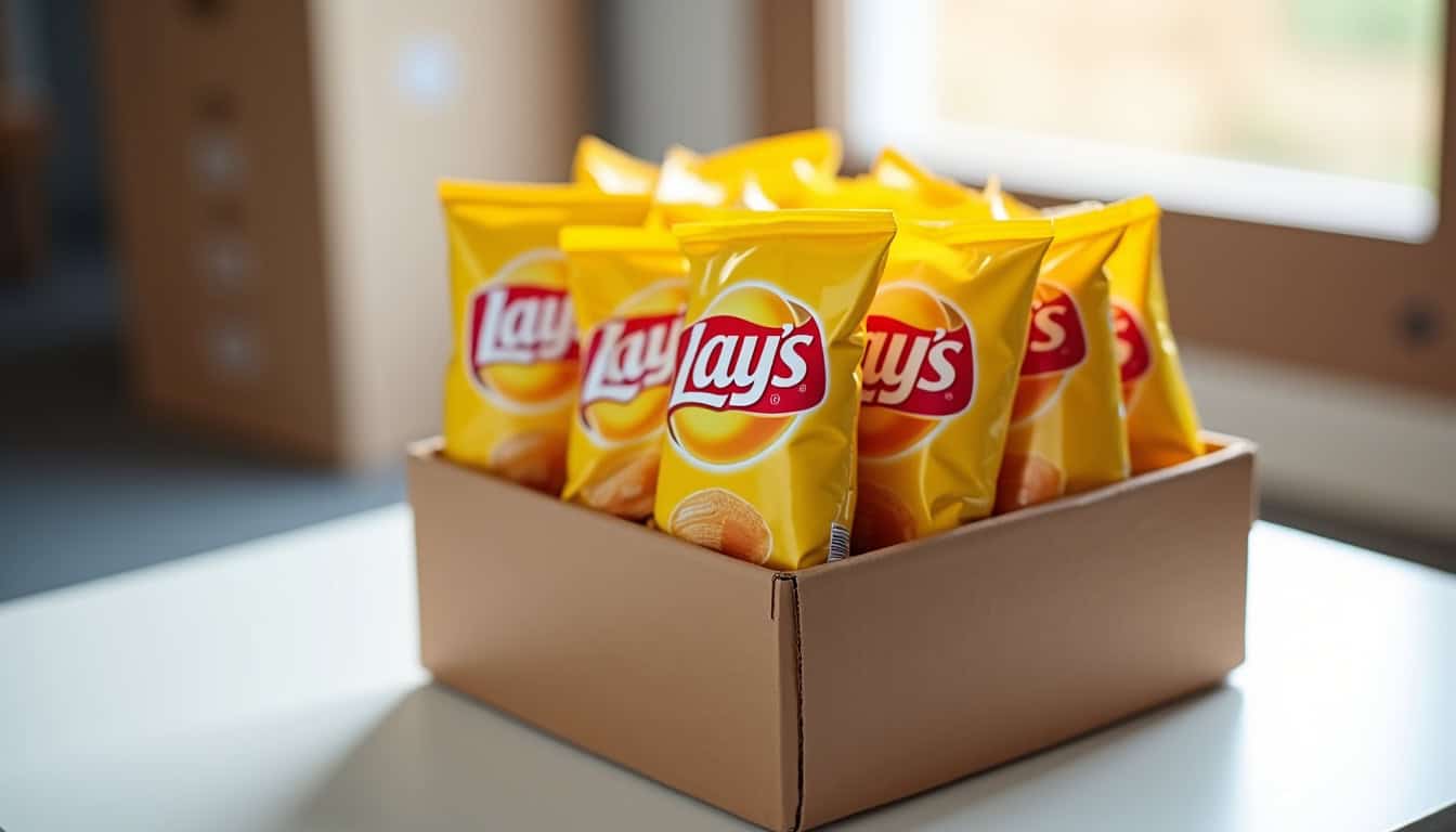 Pochon de chips Lay's dans une boîte en carton, snack populaire.