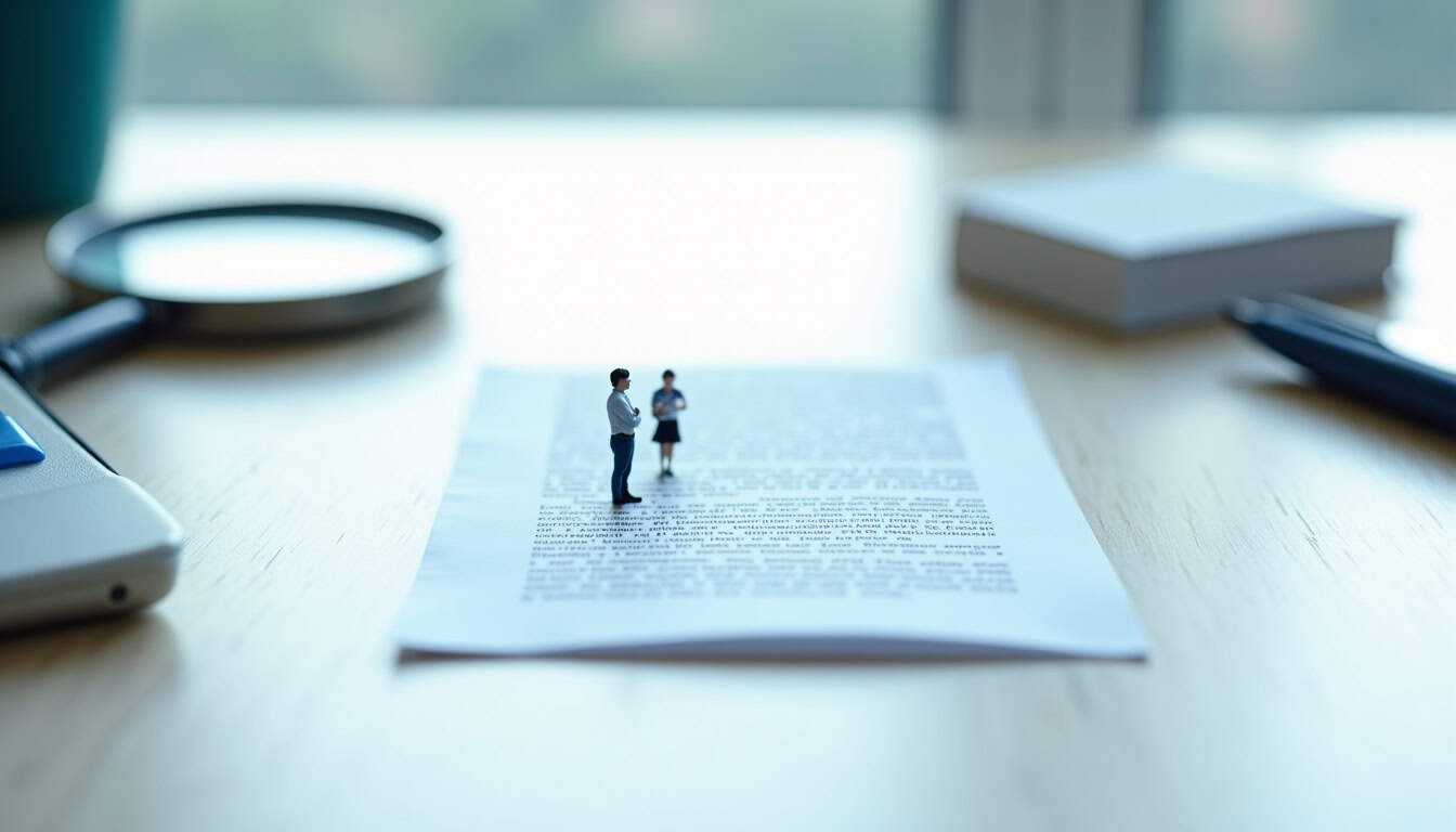 Miniatures d'hommes d'affaires discutant sur un document, symbolisant la consultation professionnell.