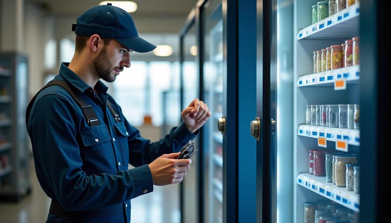 Technicien inspectant un distributeur automatique d