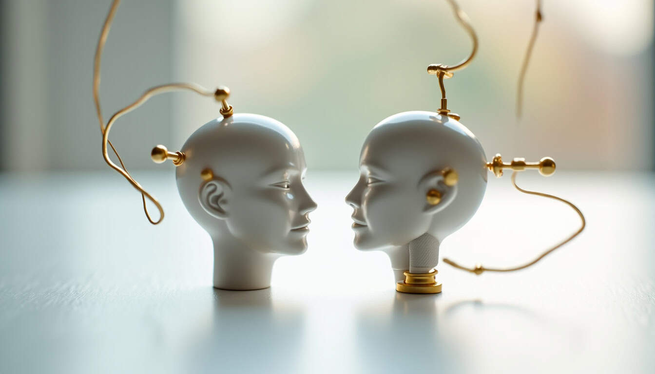 Deux têtes de poupées mécaniques connectées avec câbles dorés.