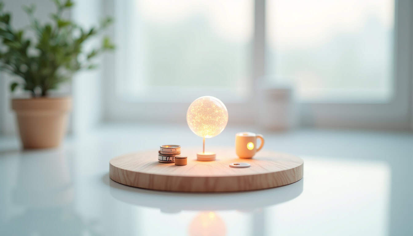 Puce LED lumineuse sur table en bois avec pièces de monnaie et tasse à café.