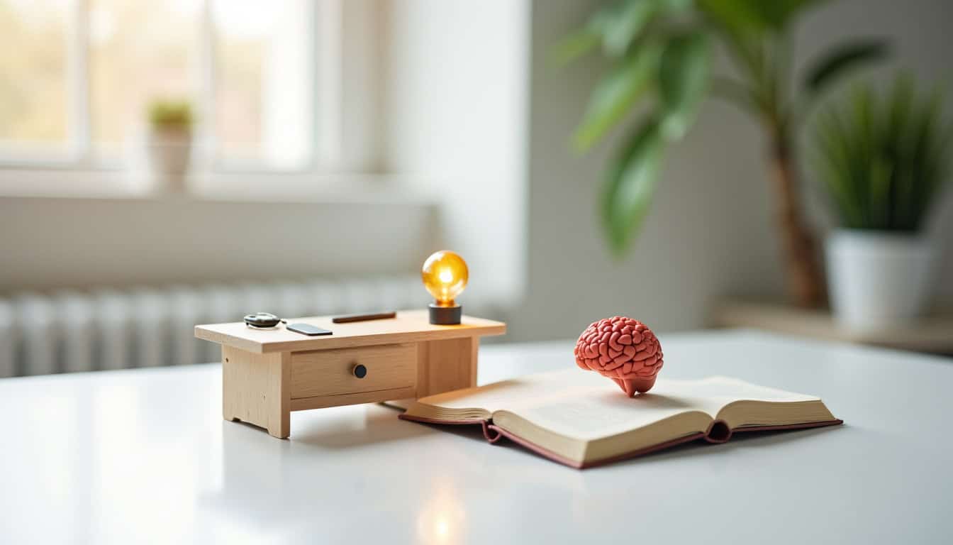 Puce de cerveau en modèle réduit avec lampe sur un bureau lumineux.