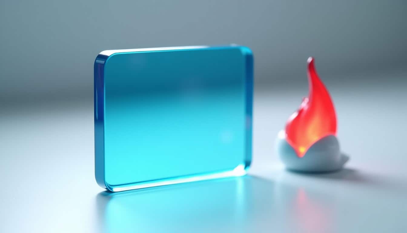 Panneau de signalisation incendie en verre bleu avec flamme rouge.