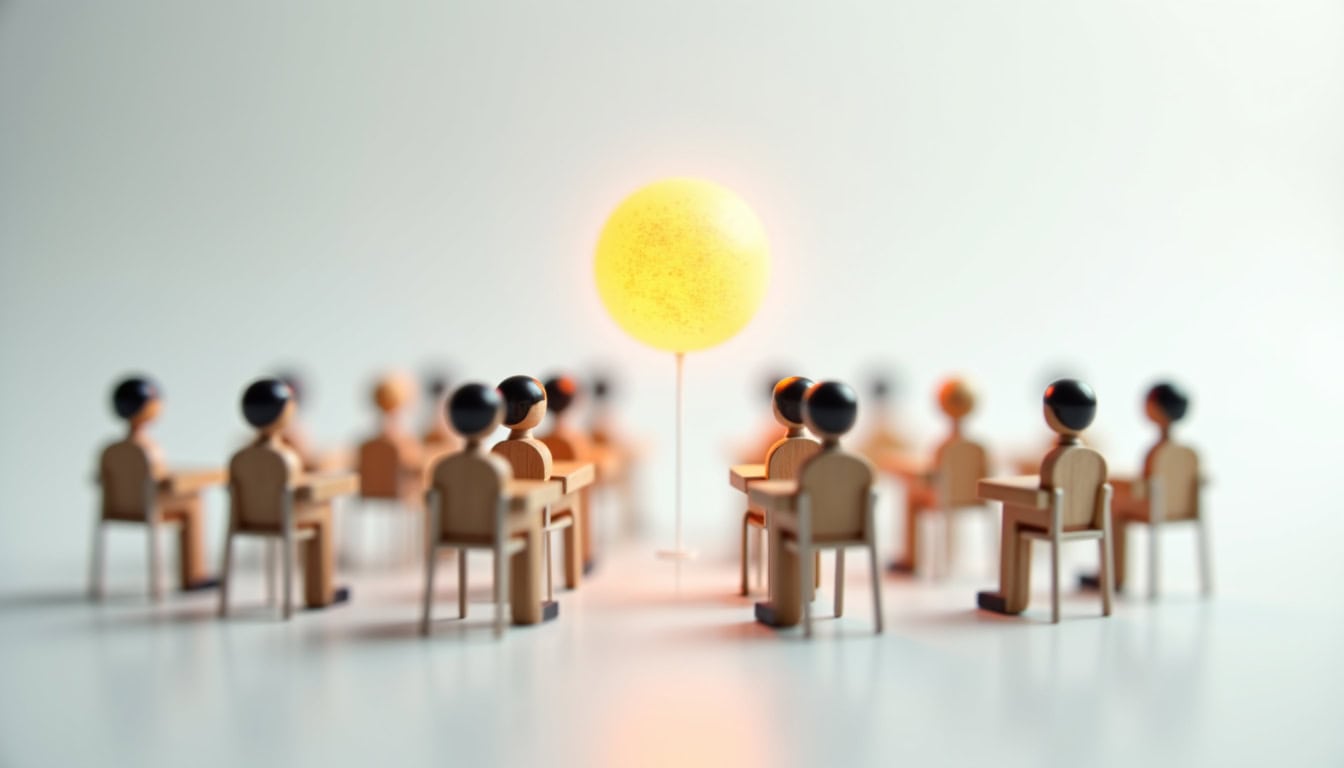 Groupe de figurines en plastique lors d'une réunion avec un soleil en fond.