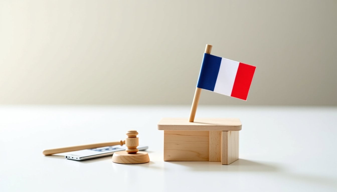 Drapeau français sur une petite maison en bois, symbolisant la justice et la souveraineté.