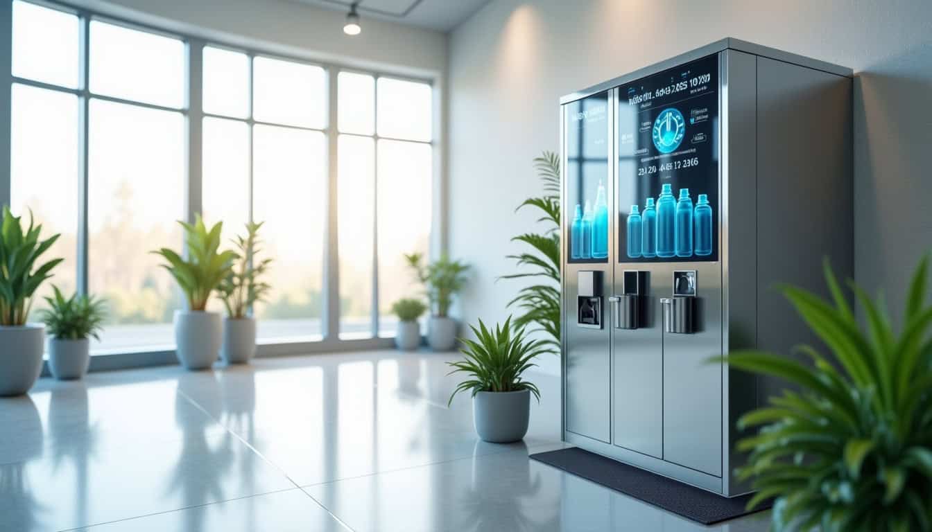 Vending machine moderne avec boissons dans un espace de bureau lumineux et spacieux.