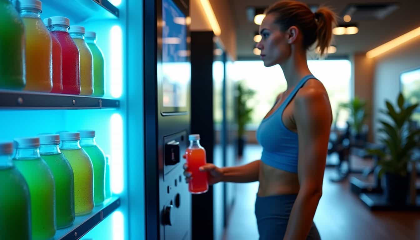 Femme achetant une boisson dans un distributeur automatique de jus de fruits.