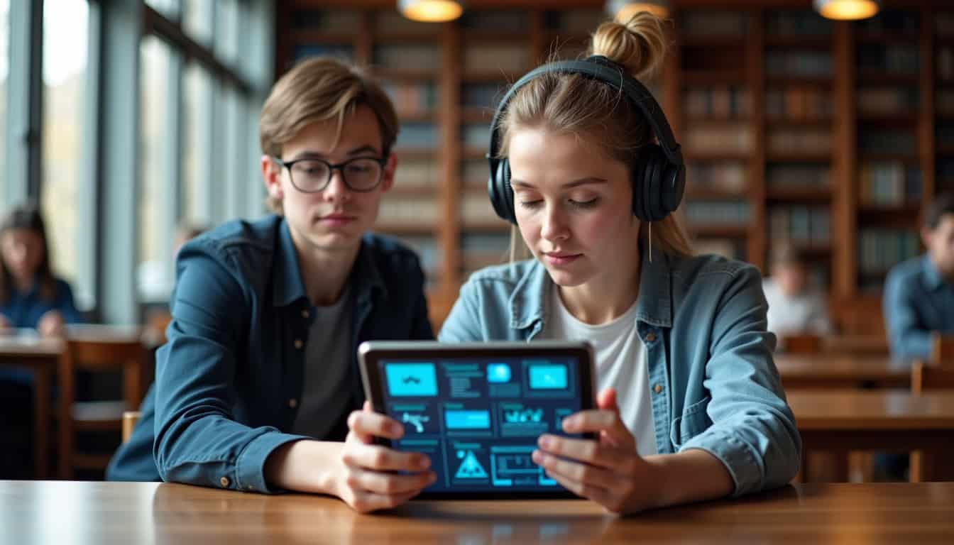 Jeune femme utilisant une tablette numérique dans un espace de coworking moderne.