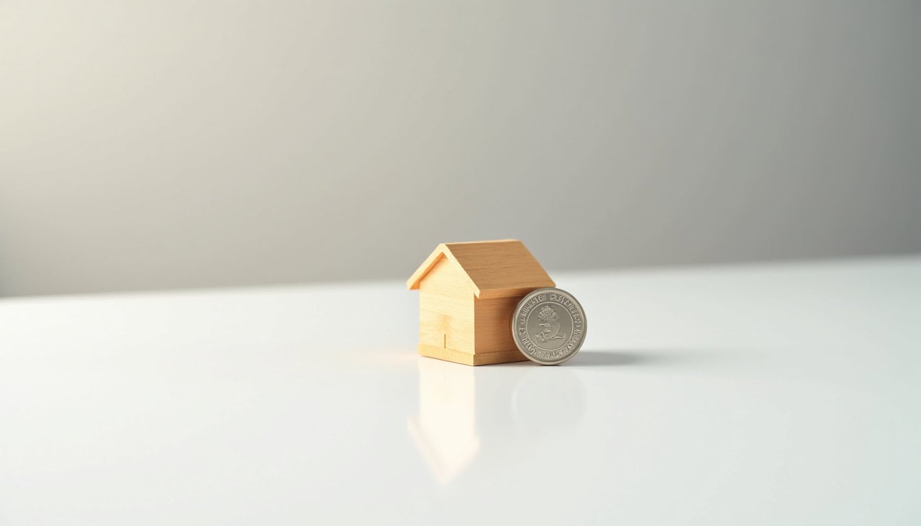 Maison en bois et pièce de monnaie pour symboliser la gestion des déchets et recyclage.