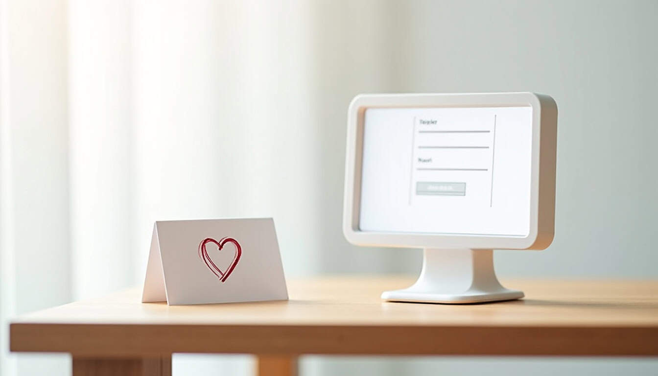 Écran d'ordinateur avec formulaire de contact et panneau cœur rouge.