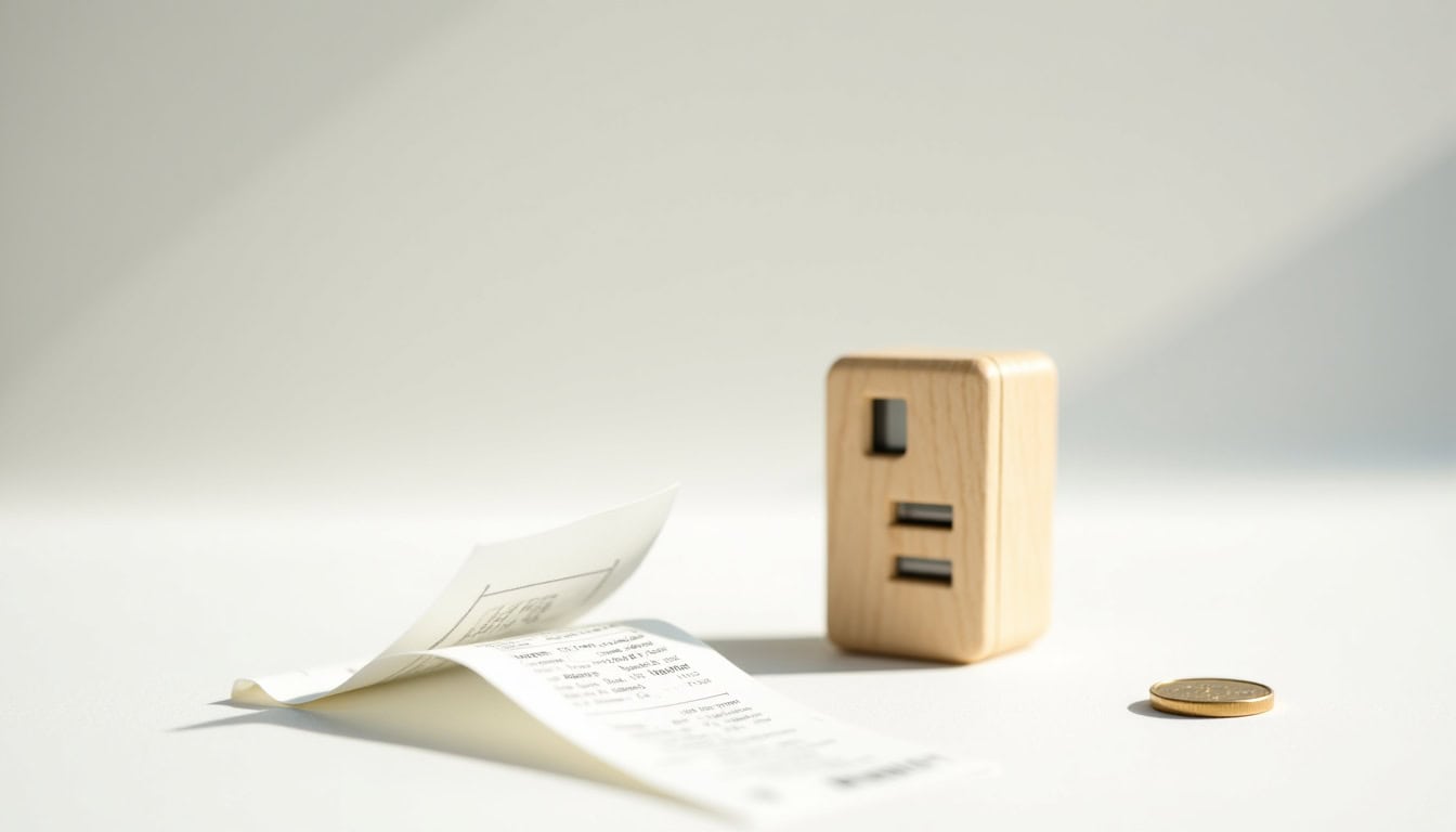 Panneau électrique en bois avec fiche électrique et pièce de monnaie, illustrant la gestion de l'éne.