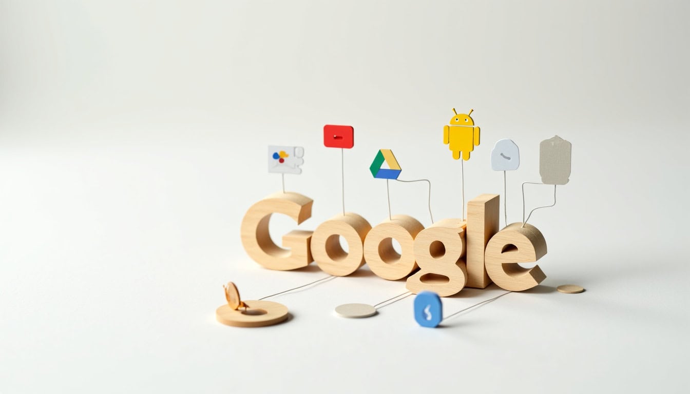 Logo Google avec icônes Android, Google Drive et autres applications numériques.