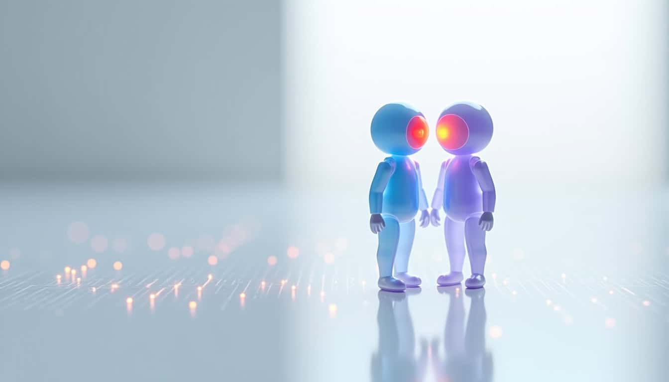 Deux poupées robotiques avec yeux lumineux rouges, face à face.