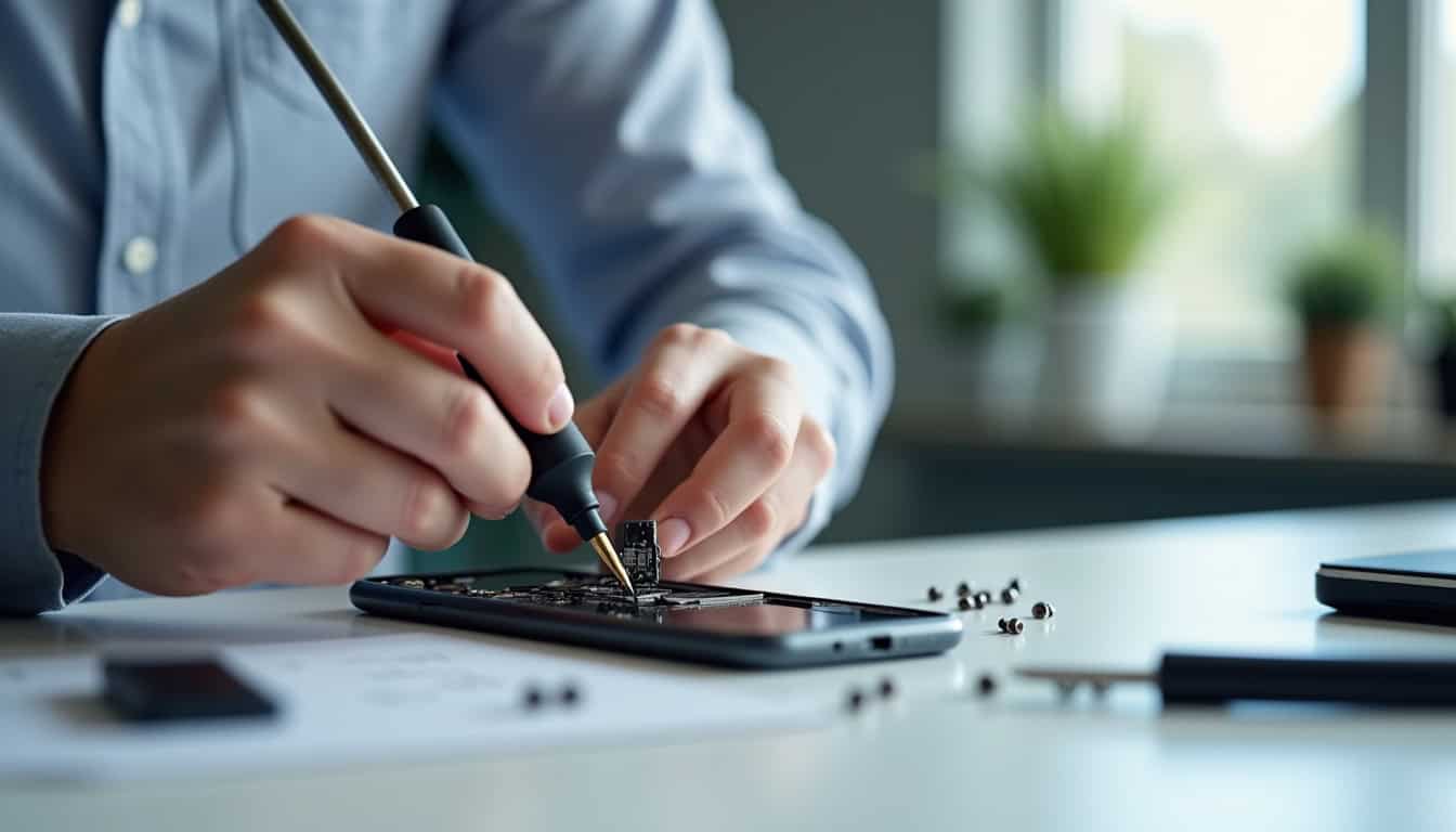 Technicien en train de remplacer un connecteur de charge sur un smartphone dans un atelier professionnel