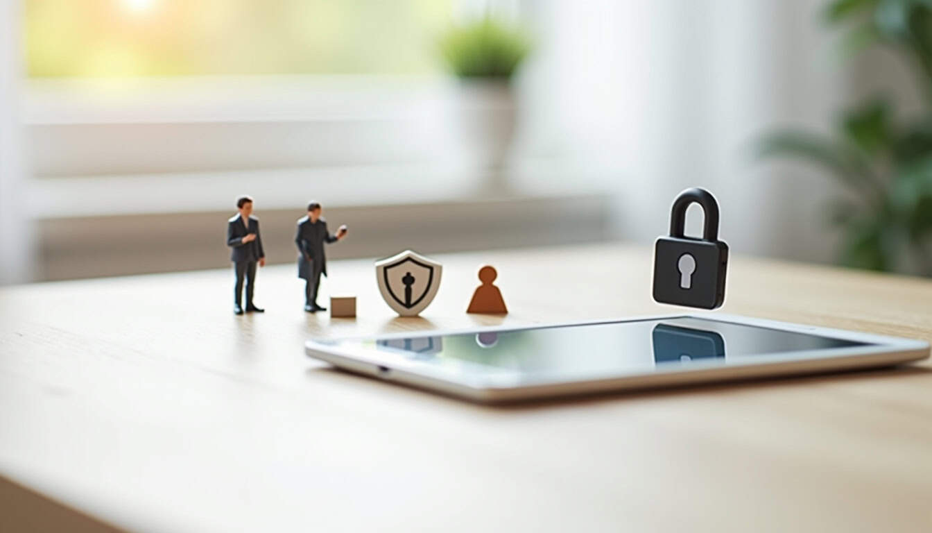 Protection des données et sécurité numérique avec des figurines et un cadenas sur une tablette.