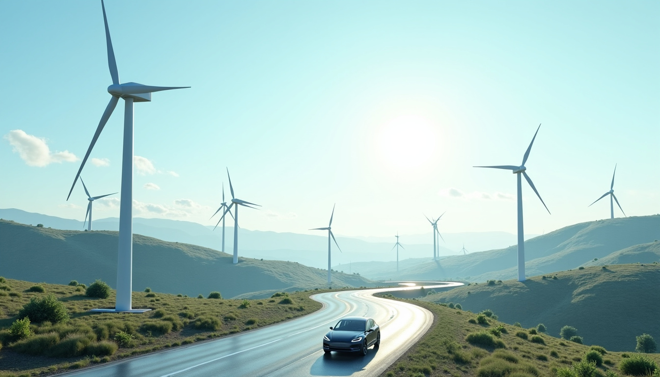 Vue 3D du monde dédié à la transition énergétique dans Forindustrie, avec des éoliennes, panneaux solaires et véhicules électriques