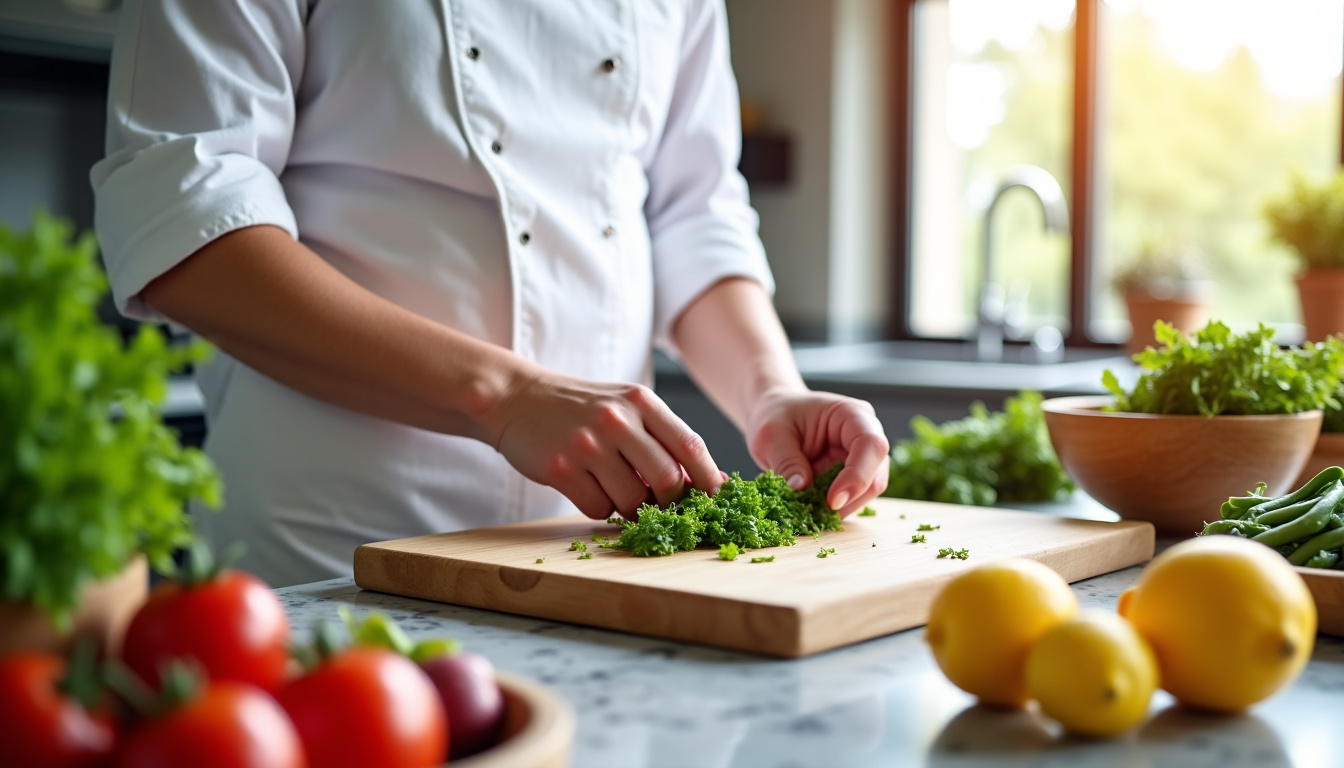 Chef cuisinier préparant un repas dans une cuisine privée, avec des ingrédients frais disposés sur le plan de travail