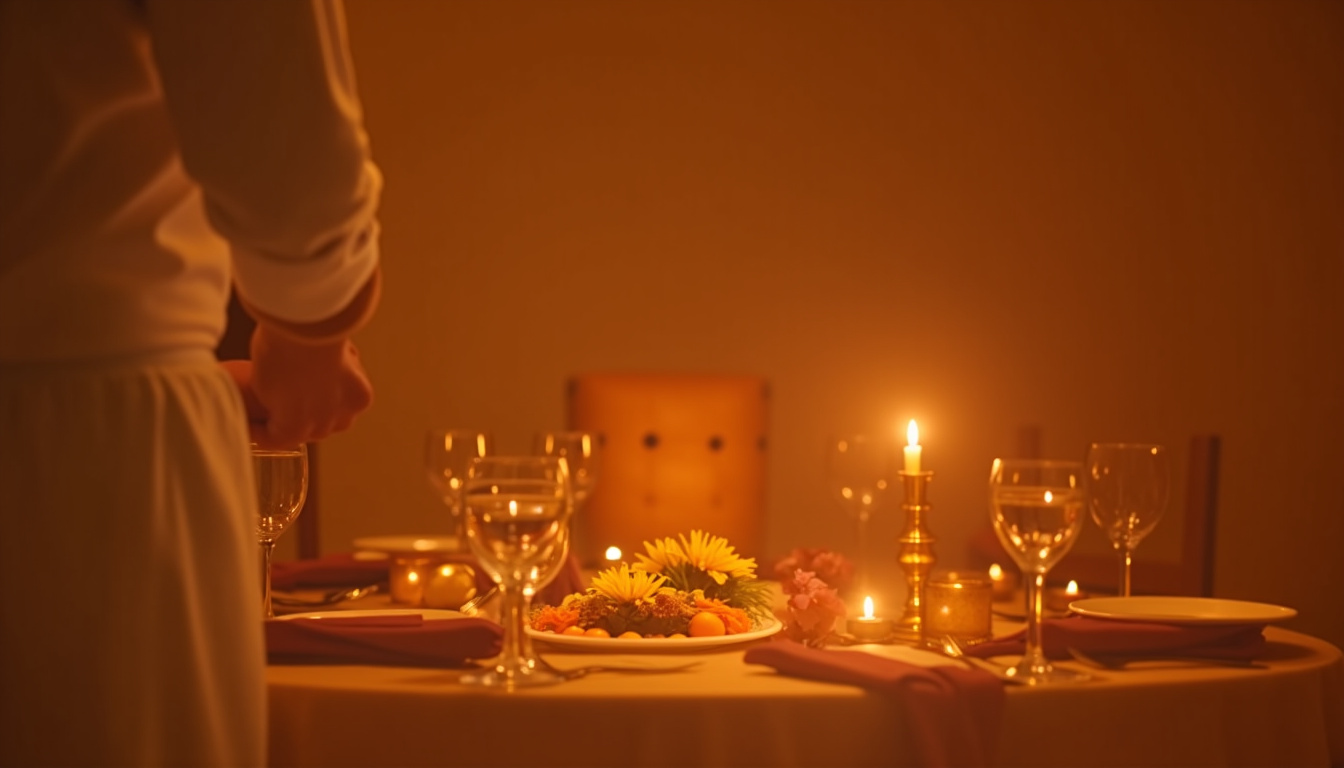 Chef en train de servir un plat à table lors d’un dîner privé à domicile, ambiance chaleureuse et élégante