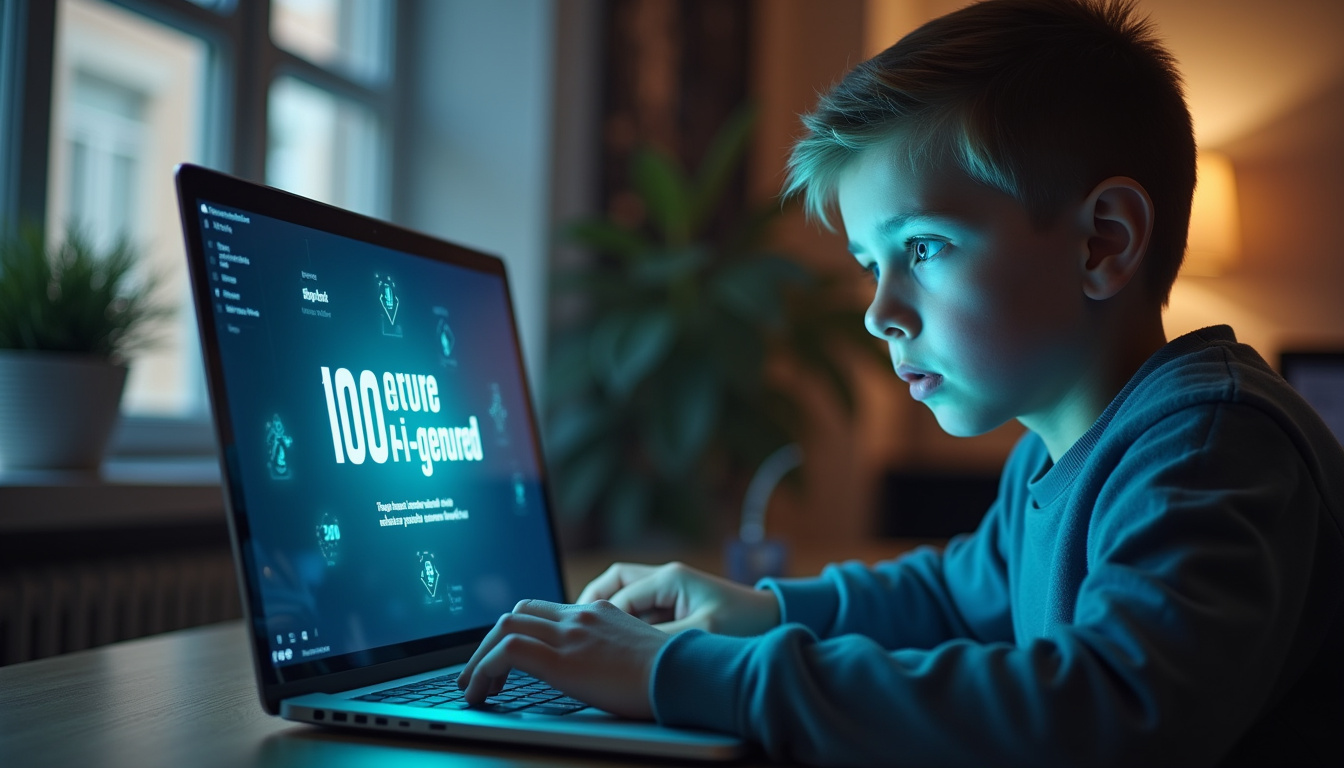 Étudiant utilisant un détecteur d’IA sur son ordinateur portable, expression inquiète face à un résultat de détection à 100 % IA