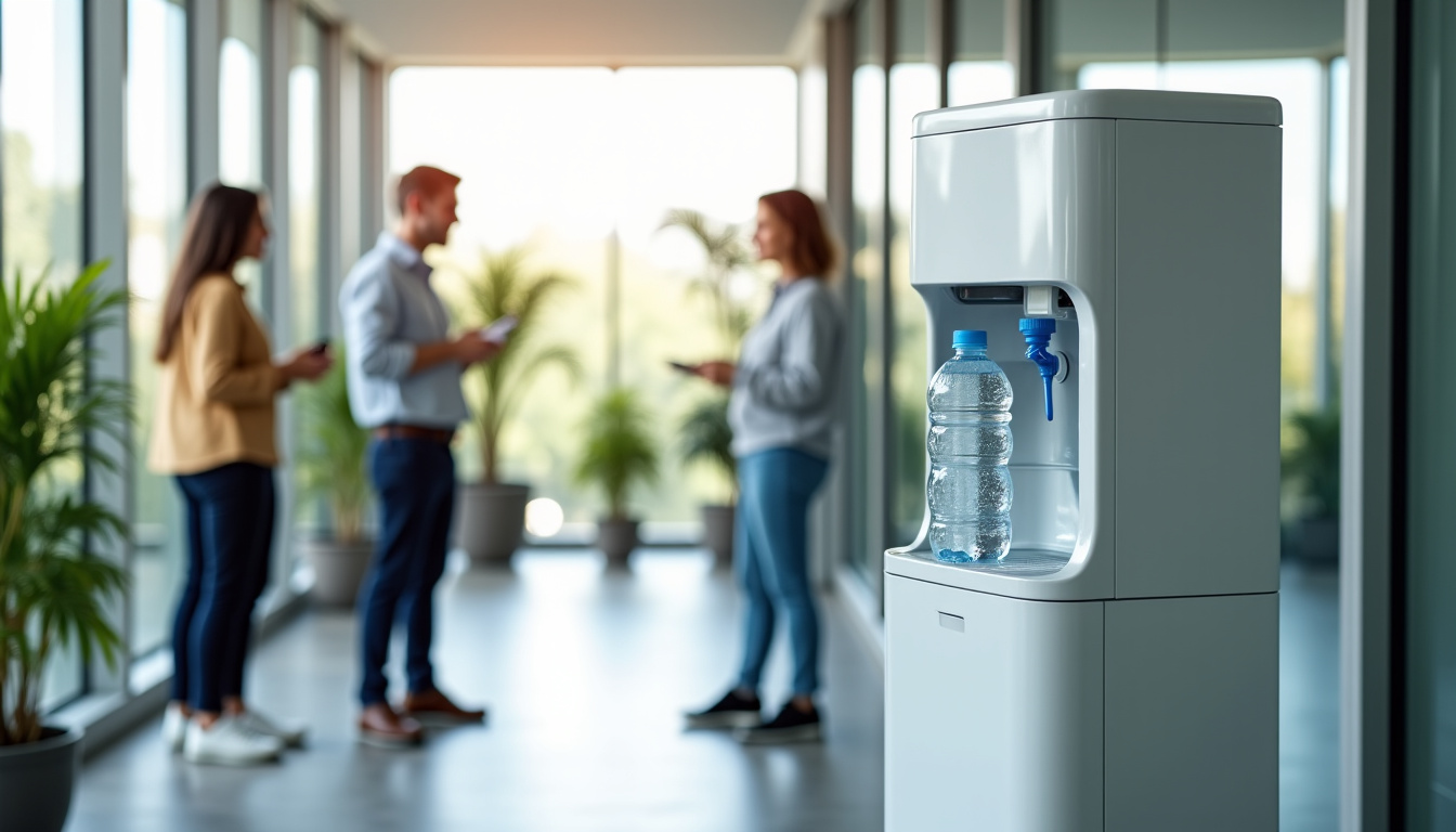 Fontaine d’eau installée dans un espace de travail moderne avec des employés à proximité