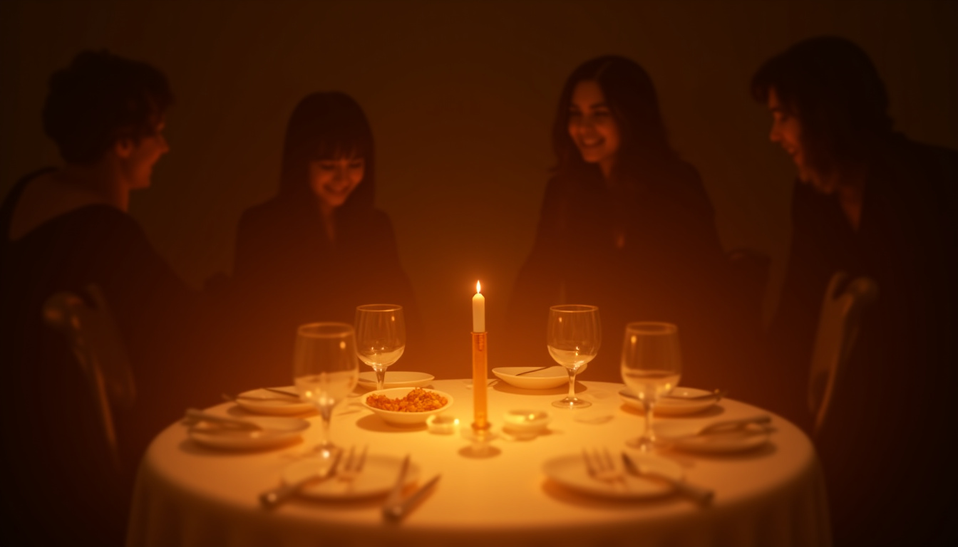 Repas gastronomique organisé à domicile, avec une table élégamment dressée et des convives souriants en train de dîner