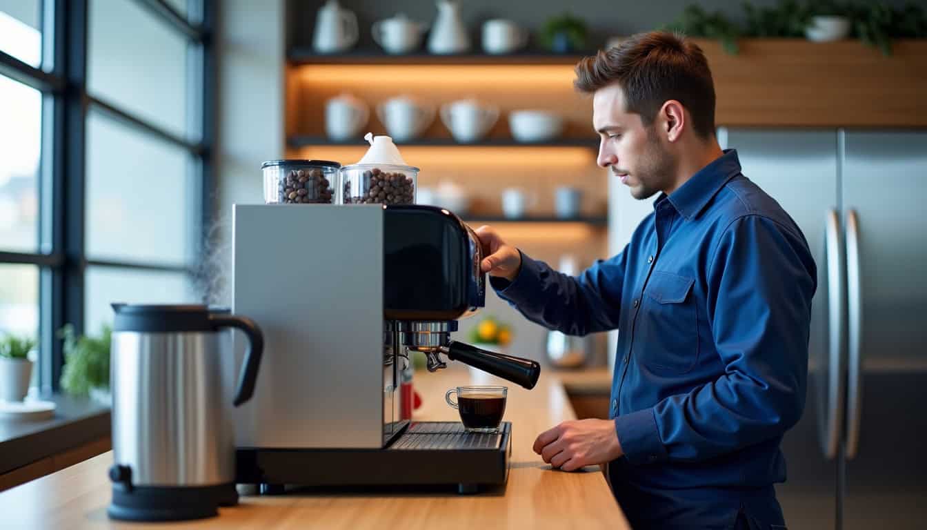 Technicien en train de remplir une machine à café dans un bureau d