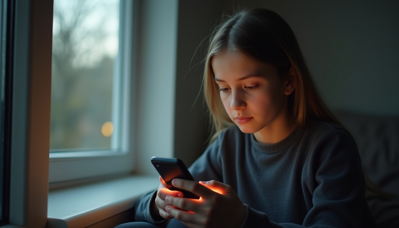 Adolescent utilisant Character AI sur son smartphone, expression concentrée