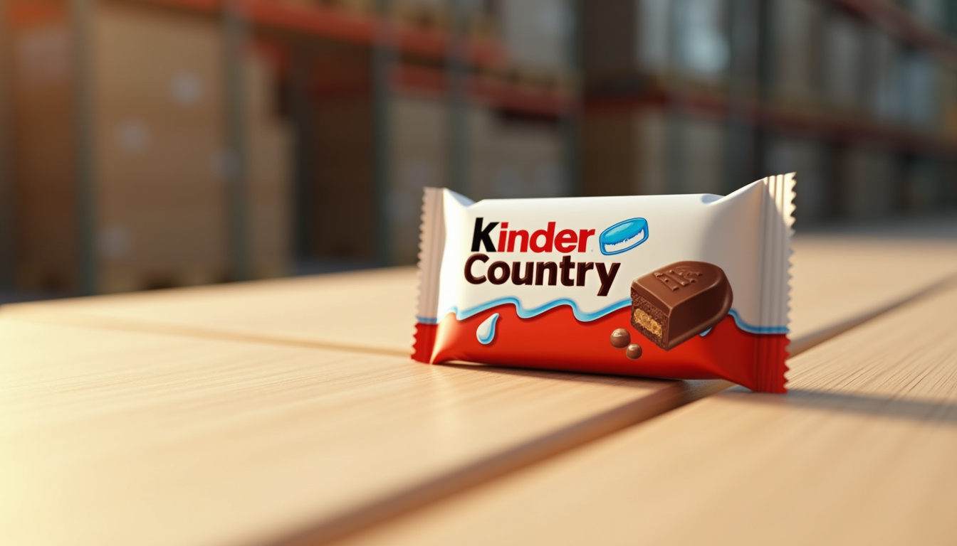 Barre Kinder Country dans son emballage individuel, posée sur une table en bois clair