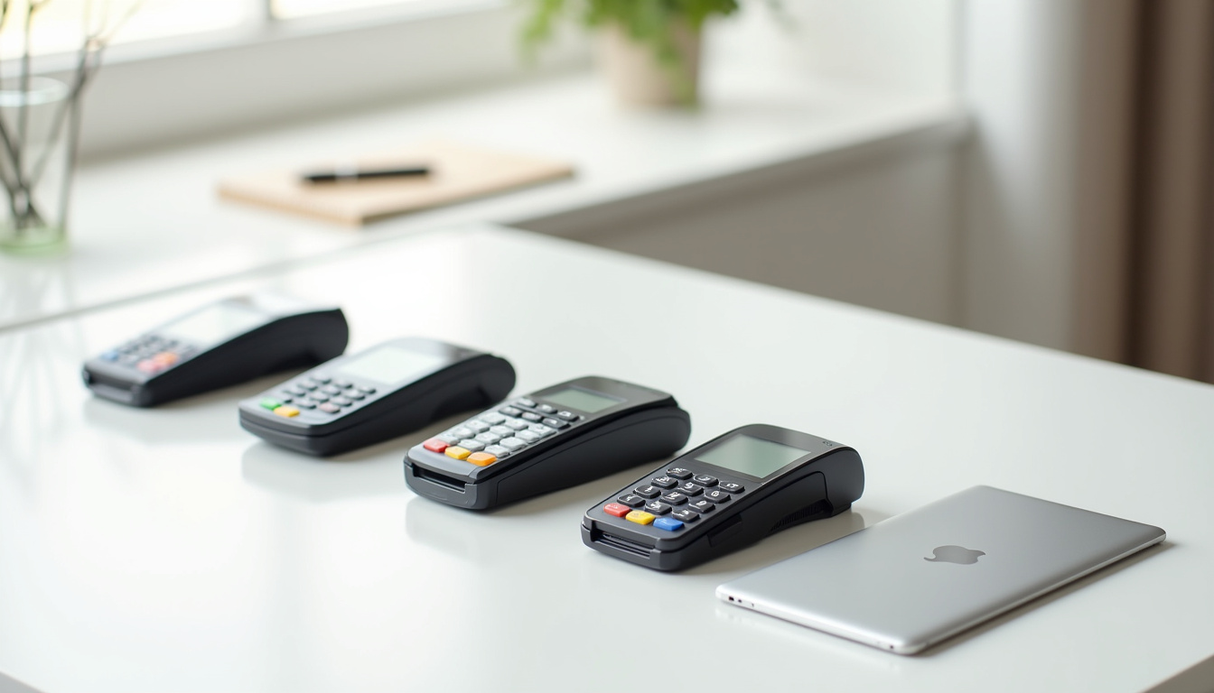 Comparaison de plusieurs terminaux de paiement posés sur une table avec une tablette