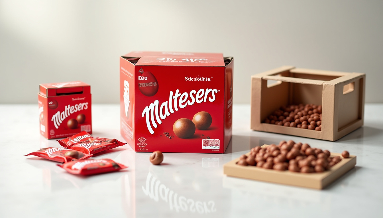 Différents conditionnements de Maltesers: sachets unitaires, cartons de 24, caisses en vrac