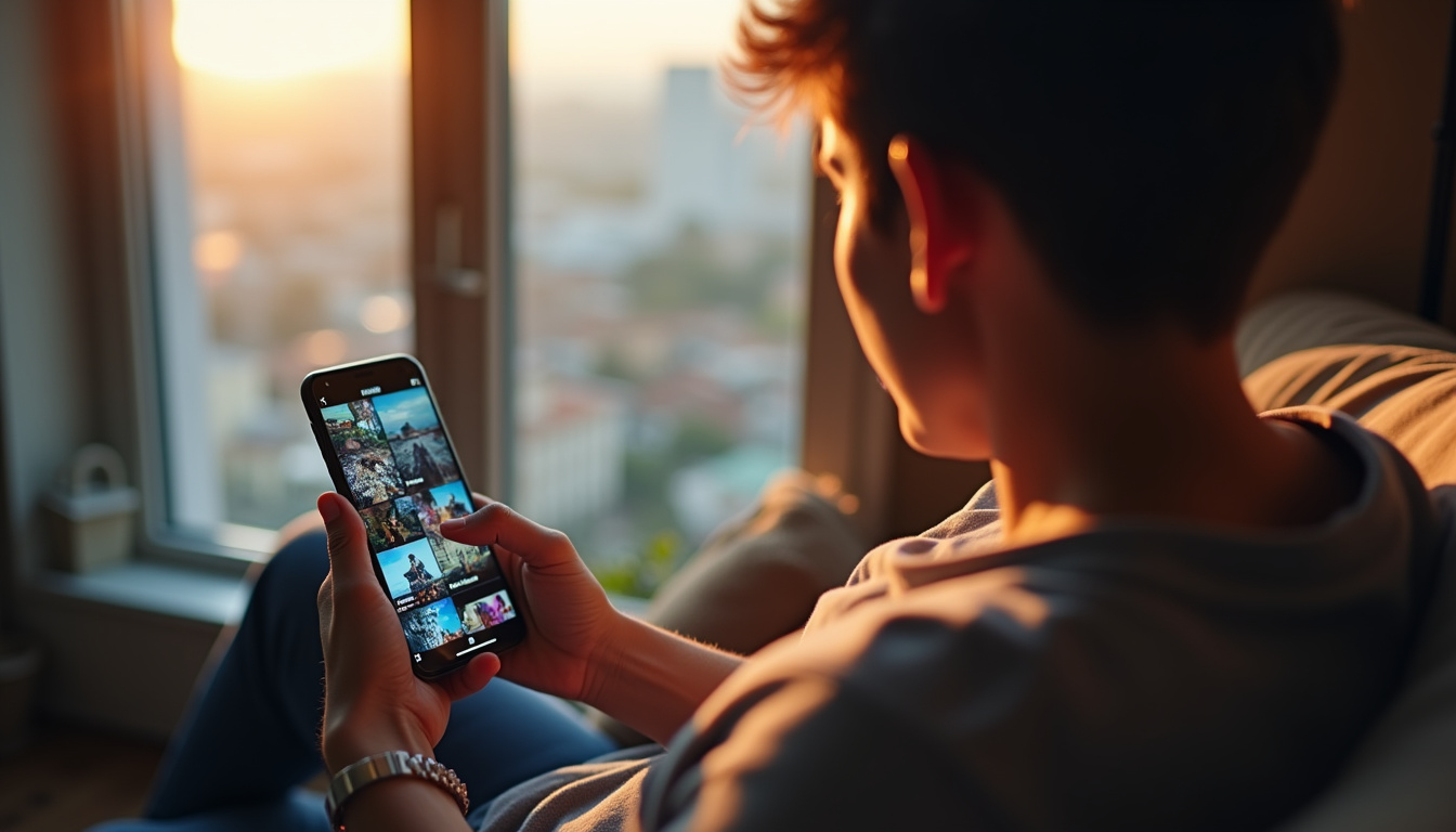 Personne utilisant son smartphone pour naviguer sur les réseaux sociaux avec affichage de vidéos courtes et images