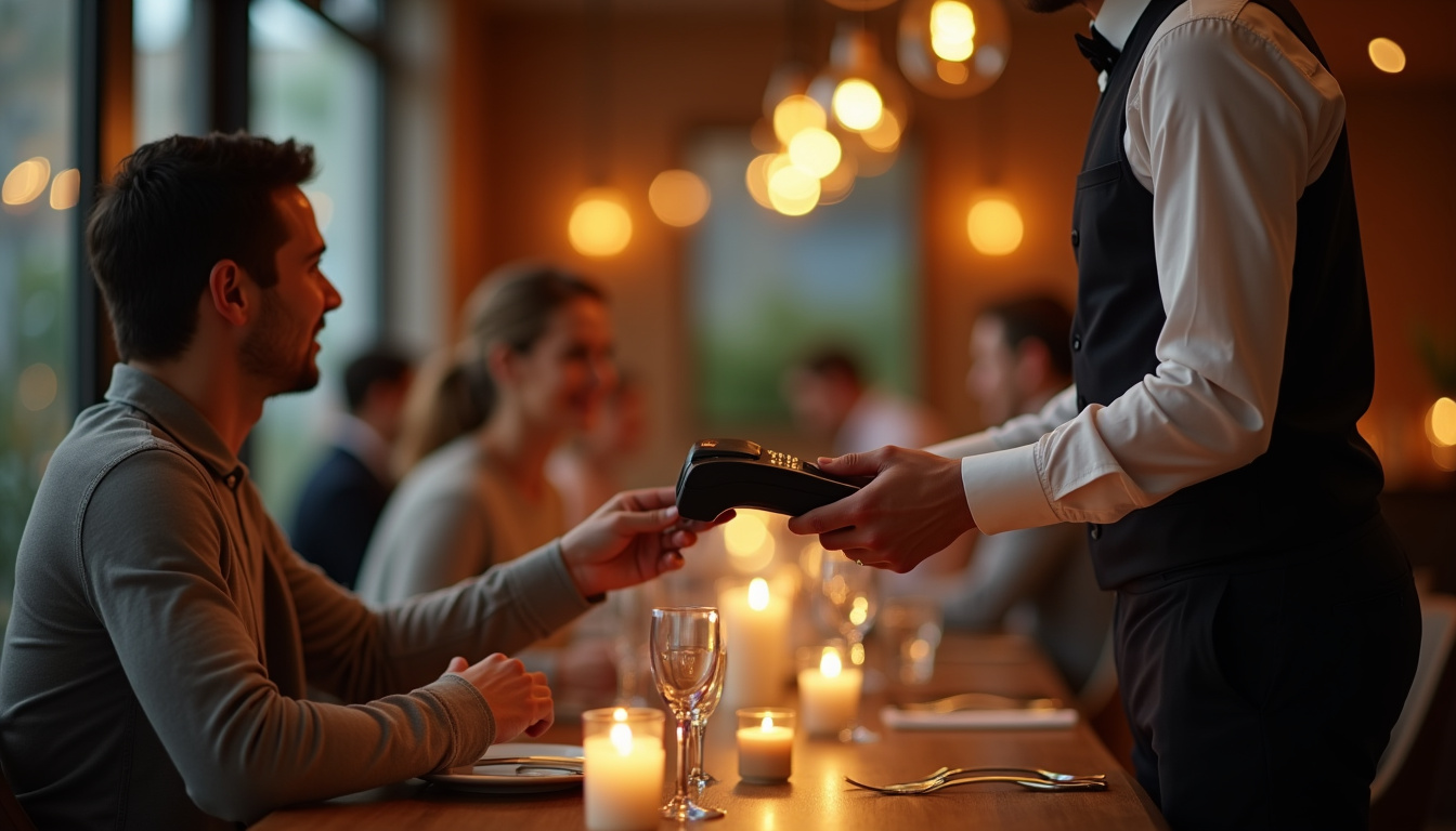 Un serveur utilisant un terminal de paiement dans un restaurant