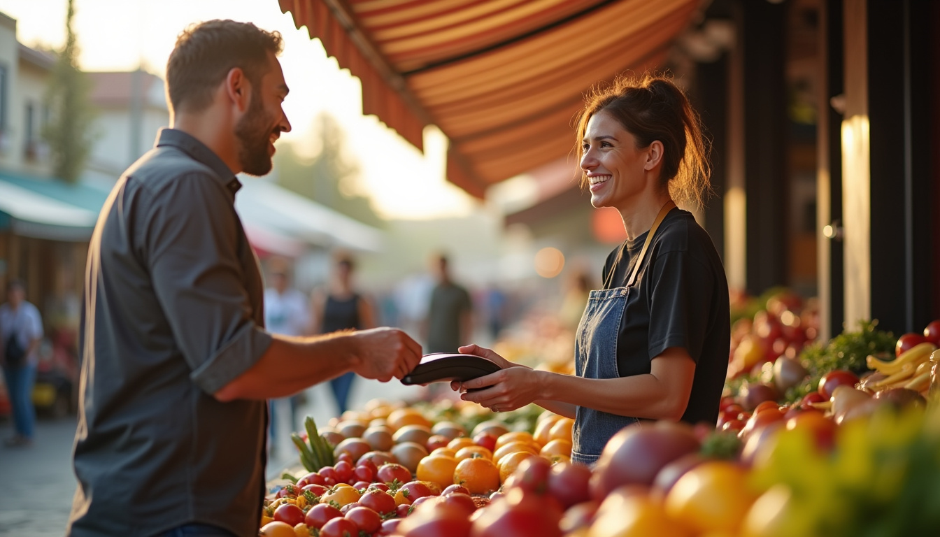 Un vendeur utilisant un terminal de paiement sur un marché alimentaire en plein air