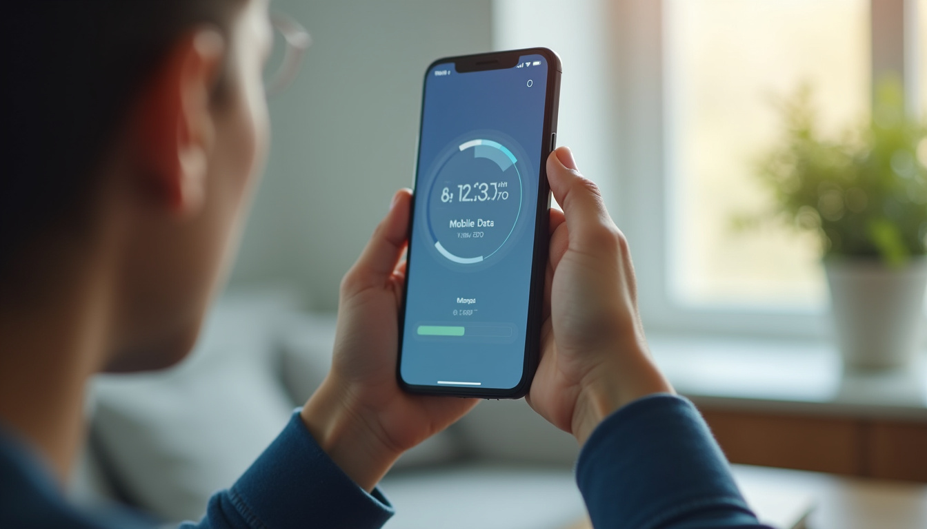 Utilisateur consultant son smartphone avec indication de la consommation de données mobiles