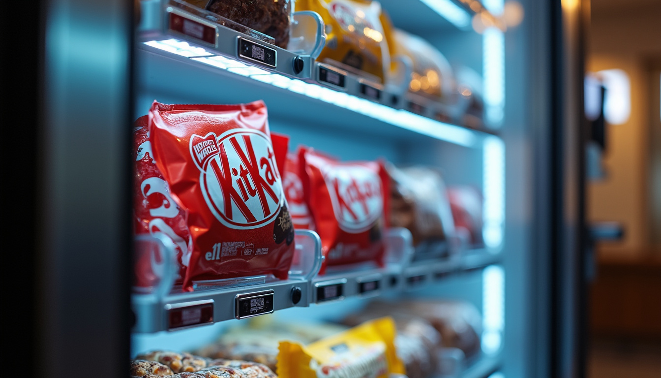 Vue d’un distributeur automatique avec différentes confiseries, dont des Maltesers, des KitKat et des Conguitos