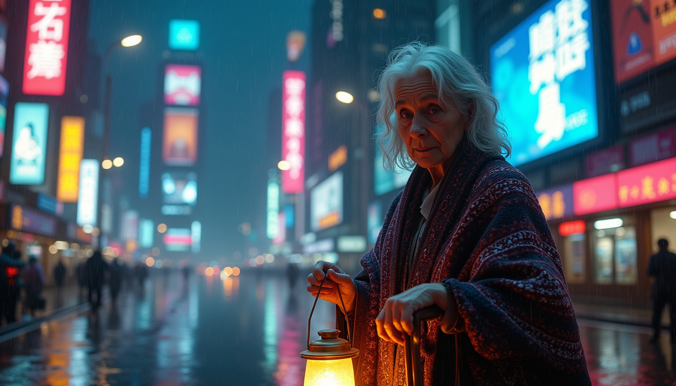 Résultat de génération d'image avec Le Chat de Mistral AI représentant une vieille dame dans un paysage cyberpunk