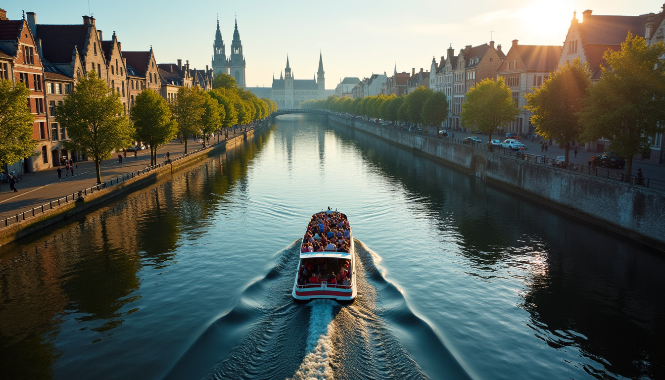 Vue aérienne d'un bateau touristique naviguant sur les canaux de Gand