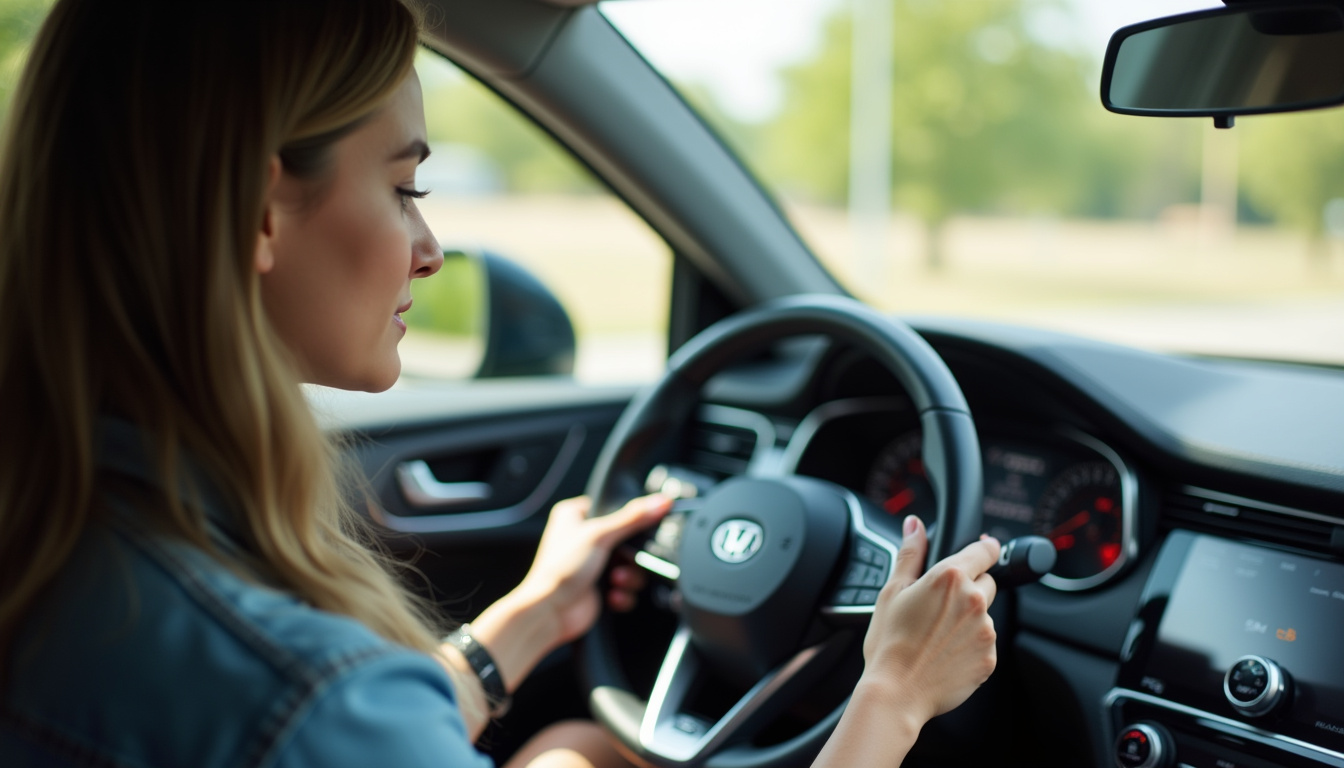 Femme en train de montrer la commande de réglage de hauteur des feux à l'intérieur d'une voiture