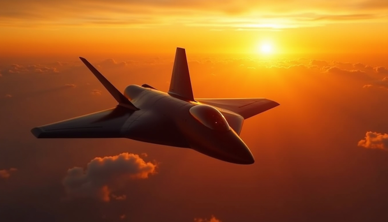 SR-71 Blackbird en vol au coucher du soleil, silhouette noire contre le ciel orangé