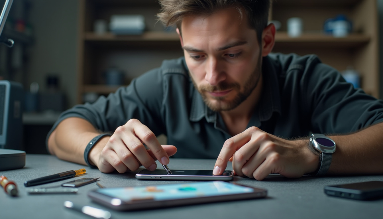 Technicien en train de diagnostiquer un iPhone en panne dans un atelier de réparation