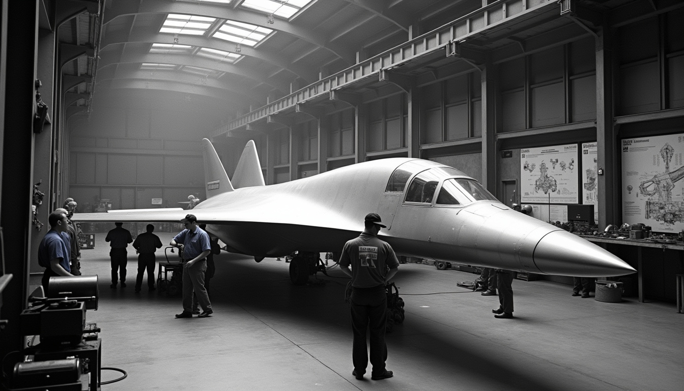 Vue d'assemblage du SR-71 Blackbird dans l'usine de Lockheed Skunk Works