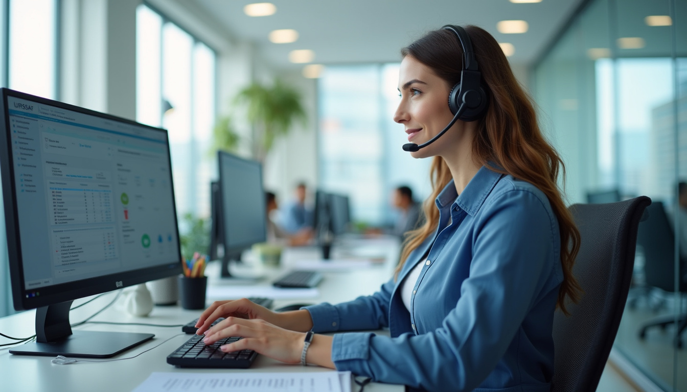 Conseiller téléphonique de l'Urssaf en train de répondre à un appel dans un centre d'appels