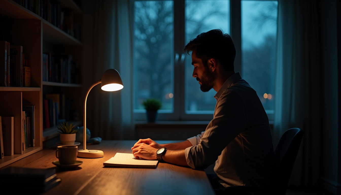 Entrepreneur travaillant seul tard le soir dans son bureau, lumière tamisée